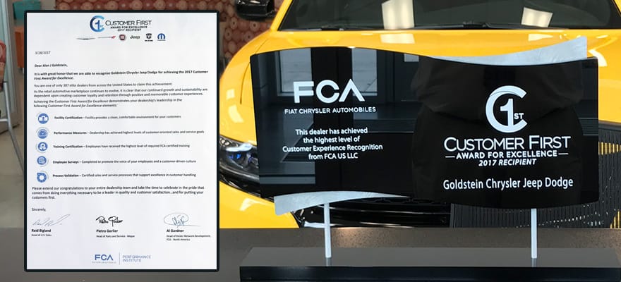 FCA Customer First Award for Goldstein Chrysler Dodge Jeep RAM