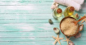 Spa essentials including oils, salts, towels, and some sea shells for decor | Goldstein Chrysler Jeep Dodge RAM