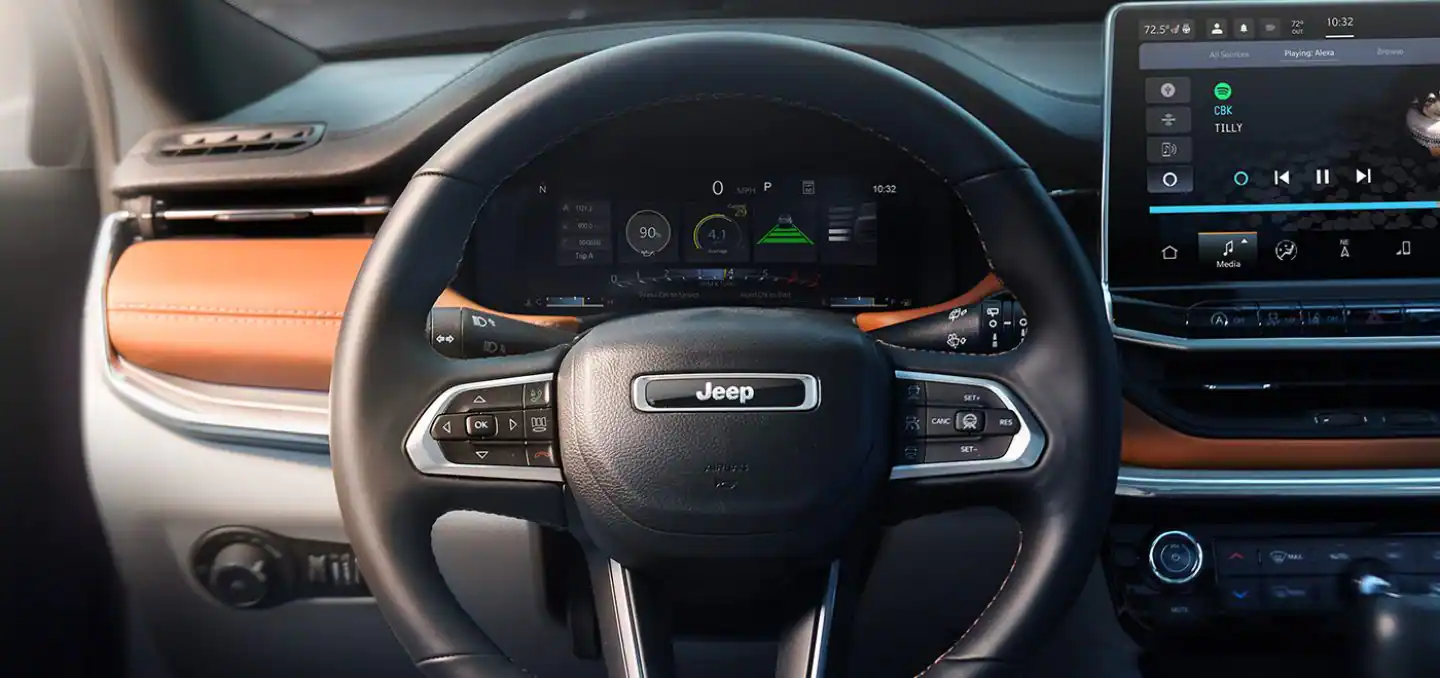 New 2023 Jeep Compass close up on infotainment touchscreen
