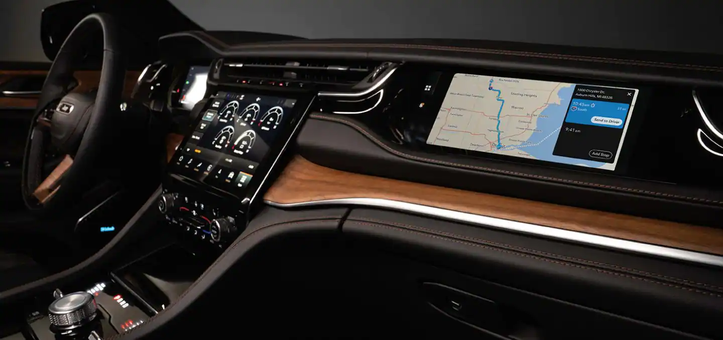 New 2023 Jeep Grand Cherokee SUV close up on infotainment touchscreen