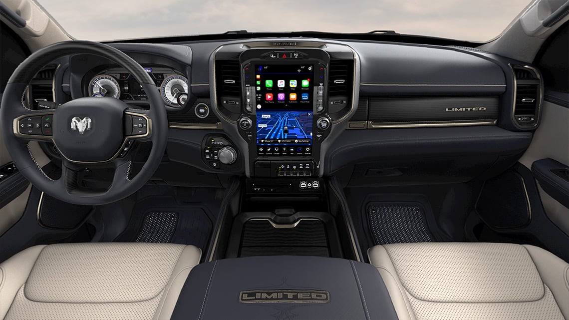 The dashboard of the 2019 RAM 1500 with large touchscreen infotainment center