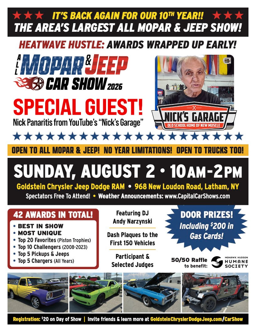 Poster for 2026 All MOPAR and Jeep Car Show with event detais