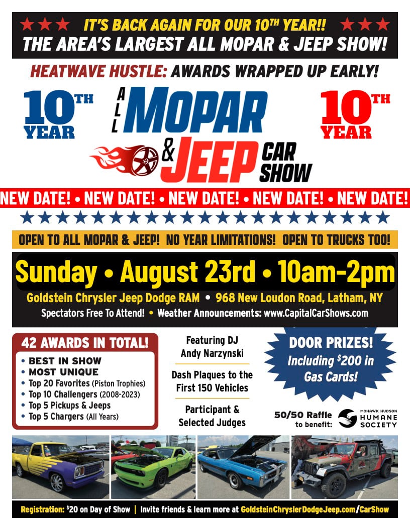 Poster for 2026 All MOPAR and Jeep Car Show with event details and new date