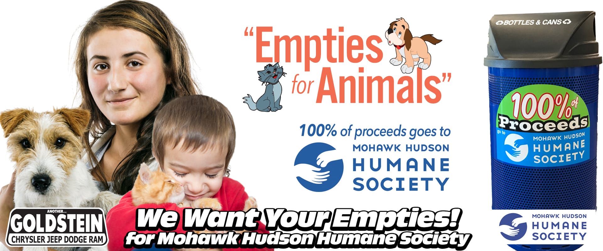 Goldstein Chrysler Dodge Jeep RAM of Latham, NY and Mohawk Hudson Humane Society bottles and cans donations