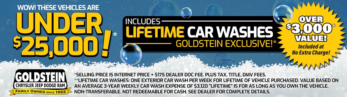Used Vehicles under $25,000 for sale in Latham, NY at Goldstein Chrysler Jeep Dodge RAM, include Lifetime Car Washes at No Extra Charge.