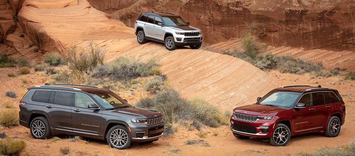New 2022 Jeep Grand Cherokee trims, third row and 4xe on display in adventure setting