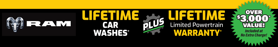 Lifetime Car Washes and Lifetime Limited Powertrain Warranty on New Chrysler, Jeep, Dodge and RAM vehicles in stock at Goldstein CDJR in Latham, NY